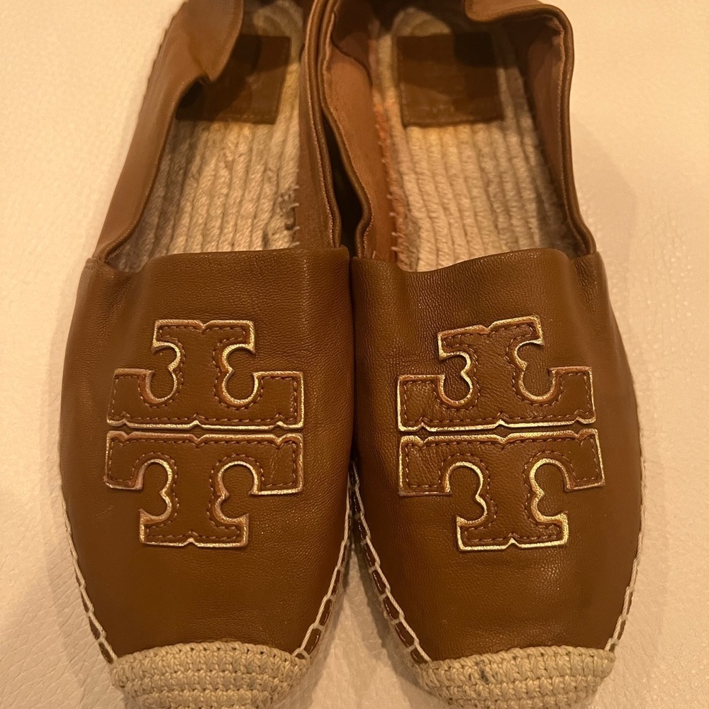 Tory Burch Brown Leather Logo Trim Espadrilles Loafers